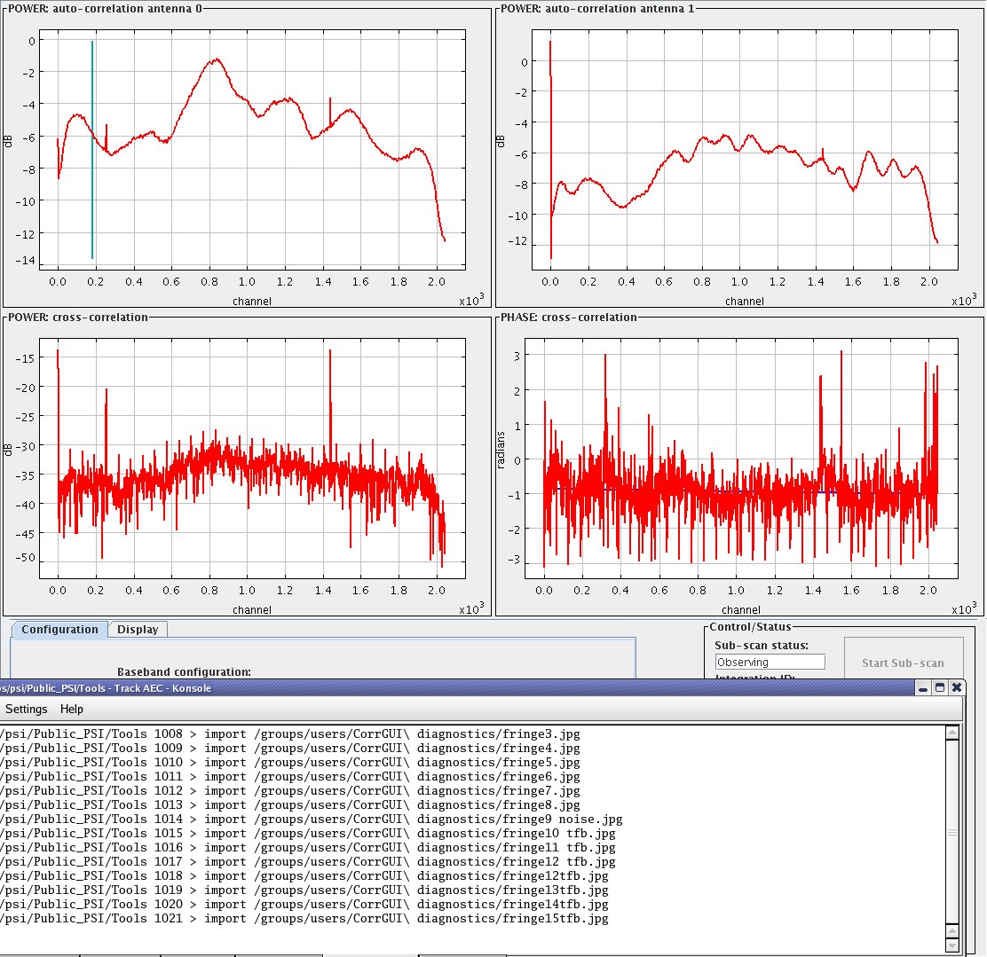 The first fringes achieved with the tunable filter banks at the ATF.  Full polarization, 2048 lags/channels.  Note coherent phase across the band in the bottom-right plot.  The vertical lines every 62.5 Mhz illustrates a known problem with stitching between the sub-bands. Phase is not coherent at the boundaries of the sub-bands.