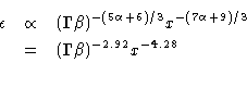 \begin{eqnarray*}
\epsilon & \propto & (\Gamma\beta)^{-(5\alpha+6)/3}x^{-(7 \alpha+ 9)/3} \\
& = & (\Gamma\beta)^{-2.92}x^{-4.28} \\
\end{eqnarray*}